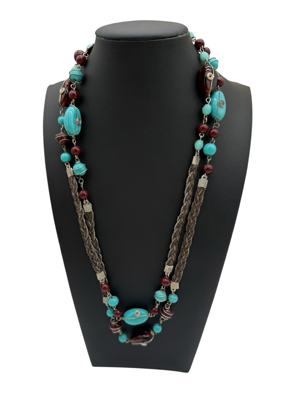 Artisan Beaded and Braided Suede Long Pull-Over Necklace w/ Wire-Wrapped Beads